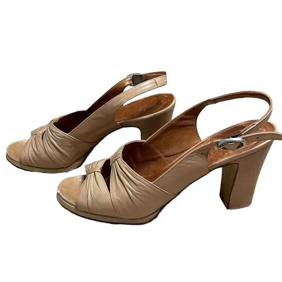 Vintage Beige Leather Heeled Slingback Sandals - Bloomingdale’s - Picture 2 of 10